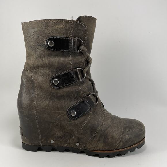 Sorel Joan Of Arctic Wedge Mid Boot Womens Size 9 Brown Rustic Leather Lace Up - Picture 1 of 11